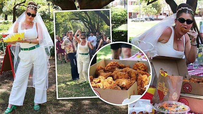 Sabrina and Dave Beddome opted for a delicious Chicken Treat buffet for their picnic-style Hyde Park wedding on Saturday.