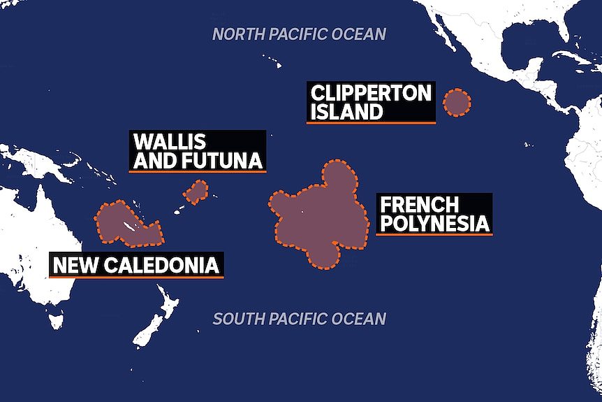 A map highlighting the French territories in the Pacific: New Caledonia, Wallis-and-Futuna, French Polynesia and Clipperton.