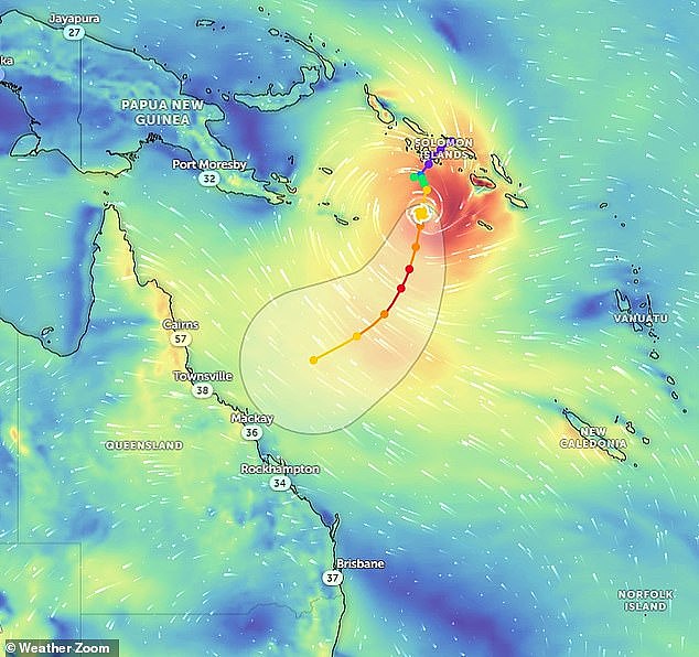 The trajectory of Cyclone Jasper, currently over the Solomon Islands, as forecast by weather models; with the system likely to hit the Queensland coast near Mackay early next week