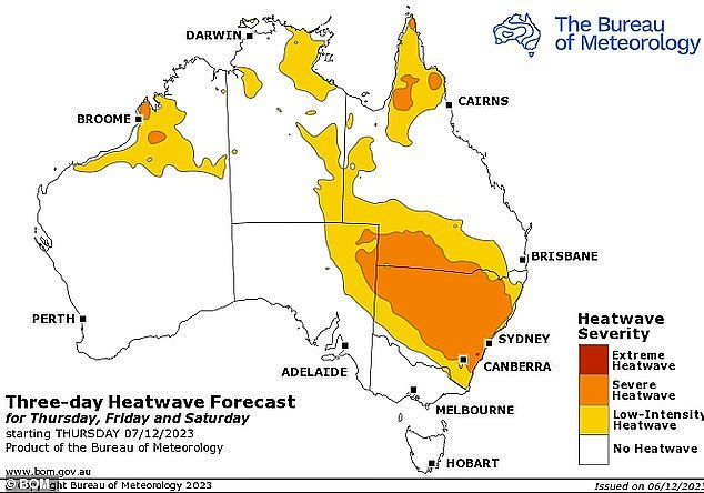 Large parts of Australia, particularly New South Wales, are set to swelter through a heatwave (pictured, national heatwave forecast)