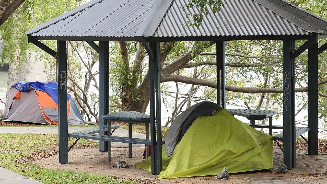 Homeless tents under William Jolly Bridge, South Brisbane. Picture: Liam Kidston