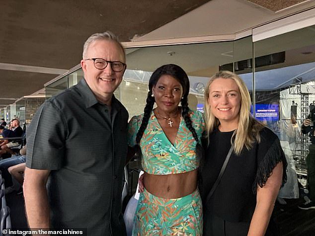 Anthony Albanese and partner Jodie Haydon posed for a selfie with Marcia Hines (centre) at the Foo Fighters Sydney concert on Saturday night