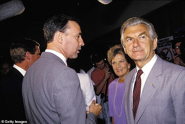 A second consecutive surplus is a feat Labor hasn't achieved since Paul Keating was treasurer and Bob Hawke was prime minister (they are pictured left and wife with Hazel Hawke in 1988)