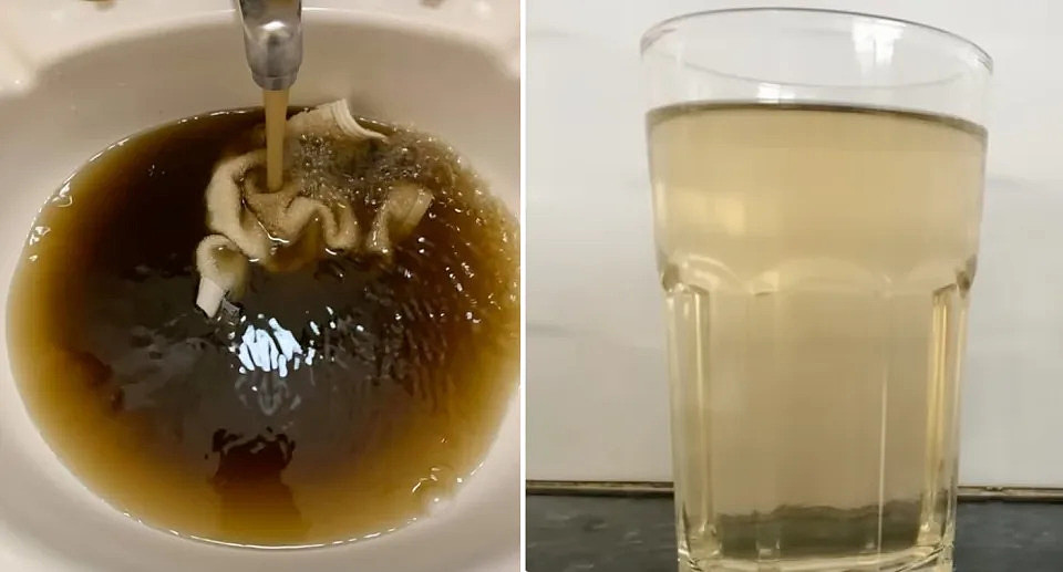 Brown tap water filling sink (left) glass filled with brown tap water (right)