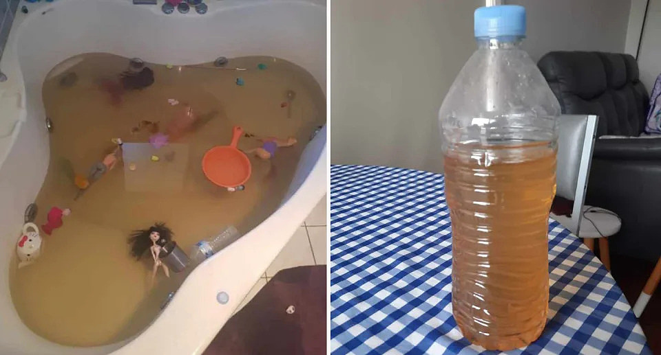 Bathtub with kids toys filled with brown water (left) plastic water bottle filled with brown tap water (right)