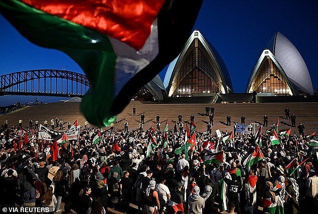 Mr Albanese failed to mention controversy over his stance on the war in Israel in his video (pictured: pro-Palestine protest in Sydney where anti-Semitic slogans were chanted)