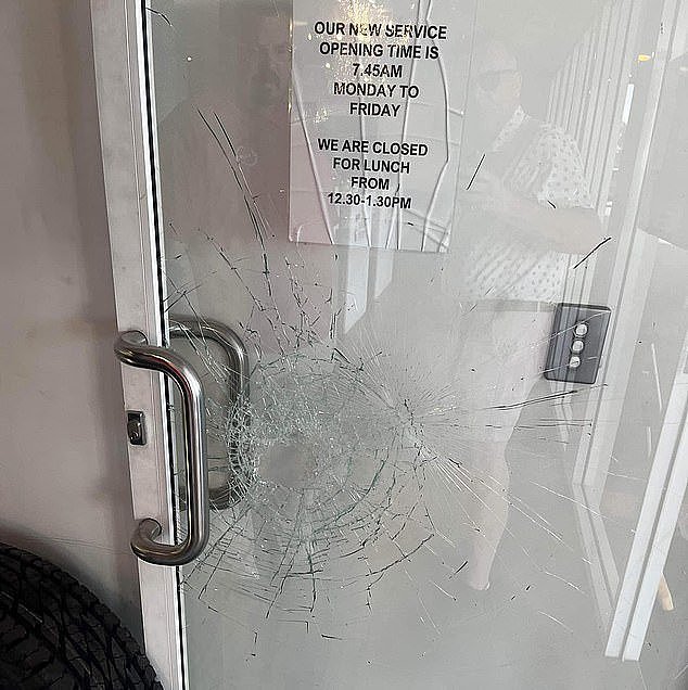 Stephen Halleron from Evolve Electrical said he is increasingly installing new security measures for businesses around Alice Springs as they try to limit damage from vandals (example above from Monday)