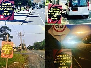 CPSU members have placed signs warning drivers of upcoming speed cameras. Photo: Facebook/CPSU