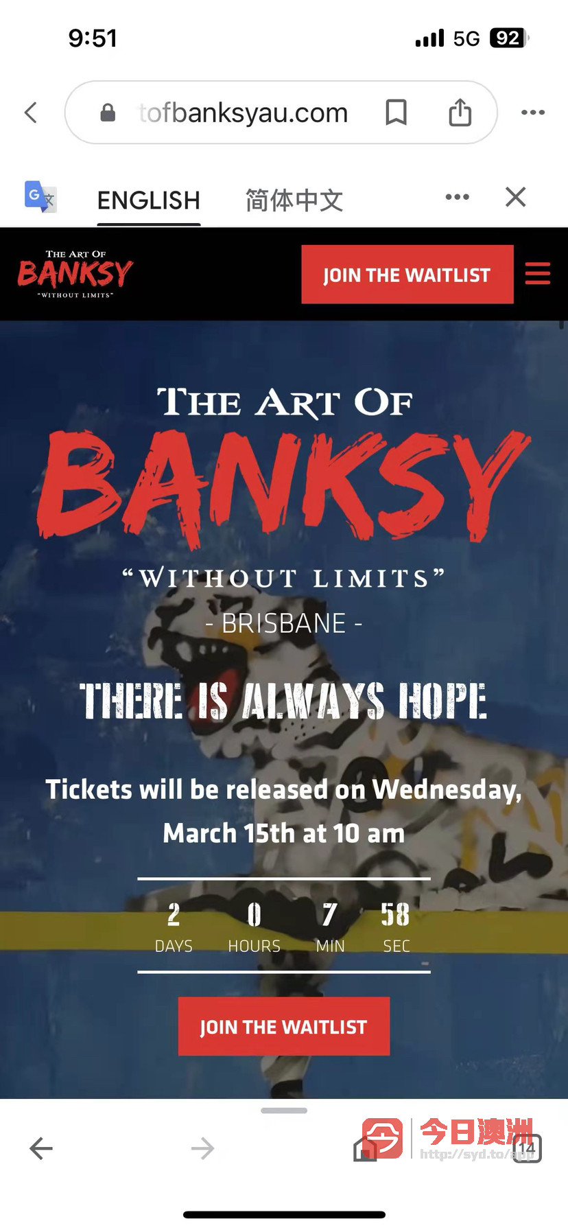 转让一张5月7日星期天下午艺术家班克西你艺术展览门票