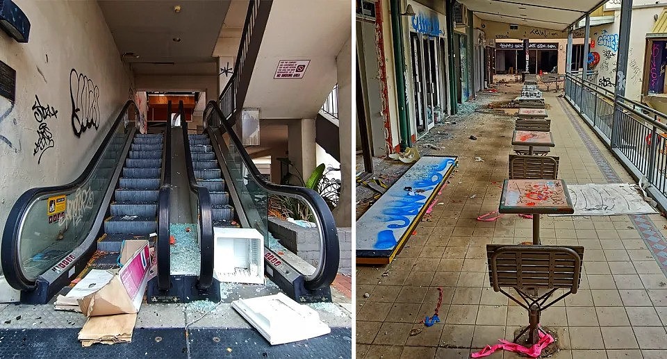 An escalator out of use (left) and a walkway with tables trashed.