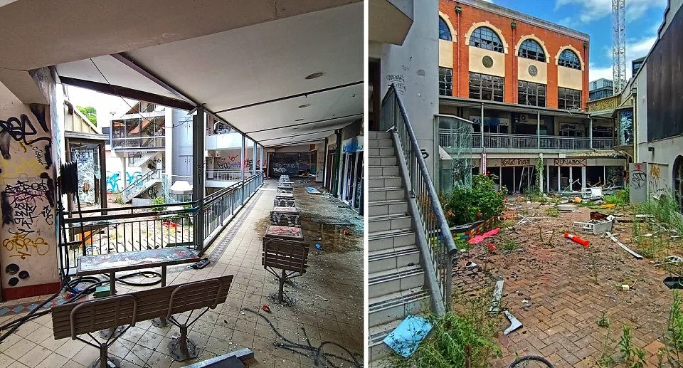 The once-bustling shopping precinct has now fallen into a derelict state. 