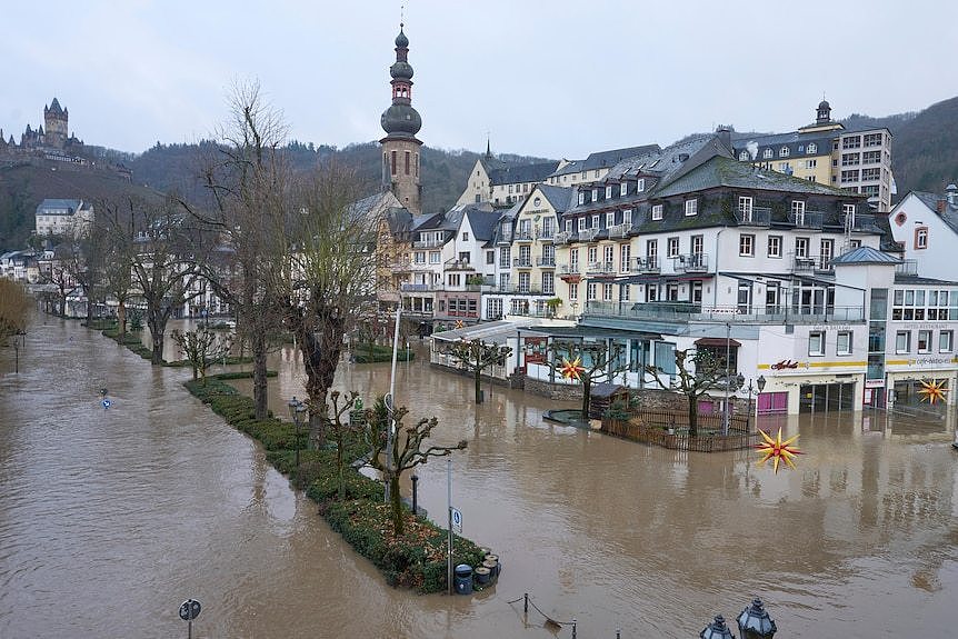 Streets are shown flooded with water in Chochem, Germany