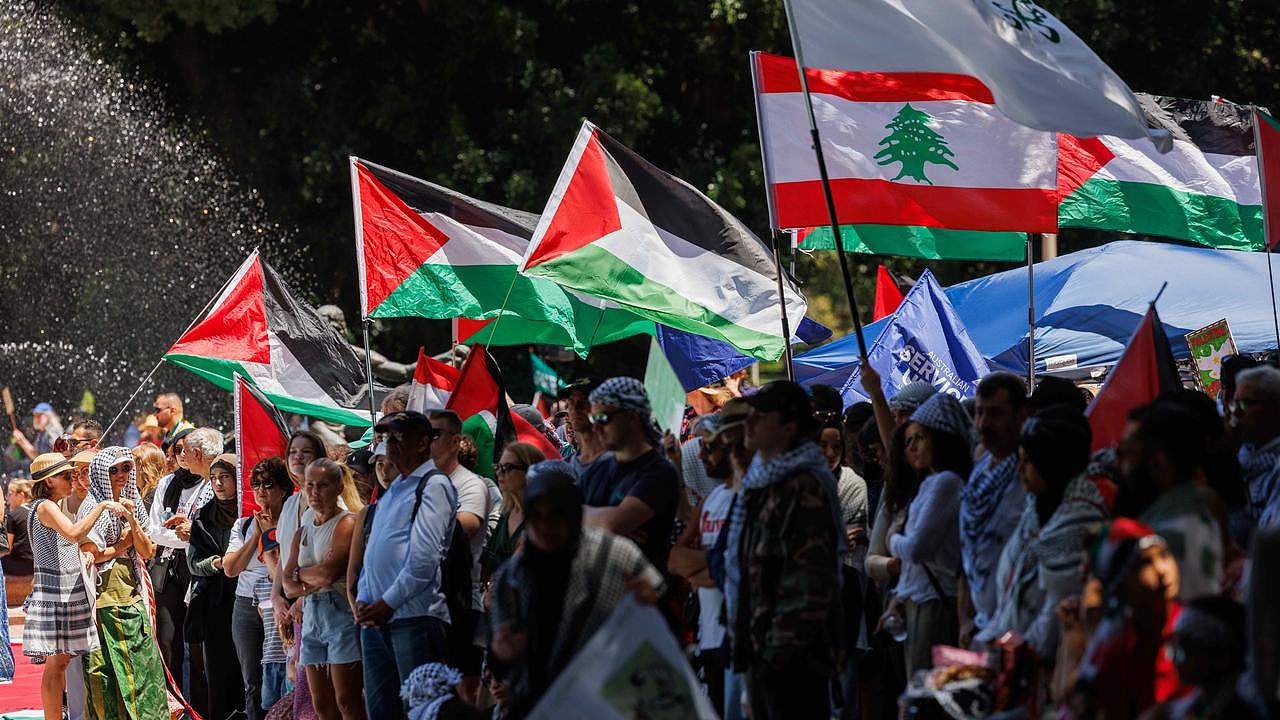 Dozens of protesters raised flags in support of Palestine and Lebanon. Picture: NCA NewsWire / David Swift