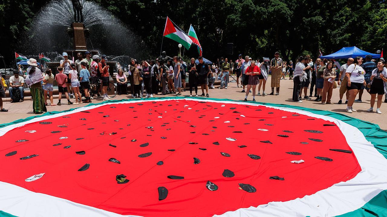 An enormous watermelon, seen as a symbol of Palestinian resistance, was laid at Hyde Park. Picture: NCA NewsWire / David Swift