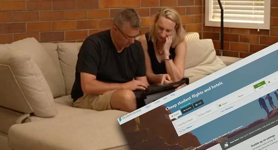 The couple sitting on their couch on the laptop, with an image of the booking service.