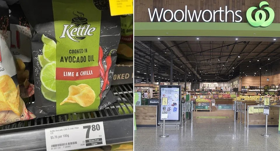 Left, the chips priced at $7.80 on the supermarket shelf. Right, outside a Woolworths store. 