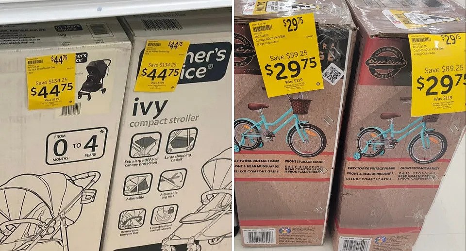Images of Target products on sale to make room for Kmart stock. Left image is of a pram on sale and right image is of a children's bike on sale.