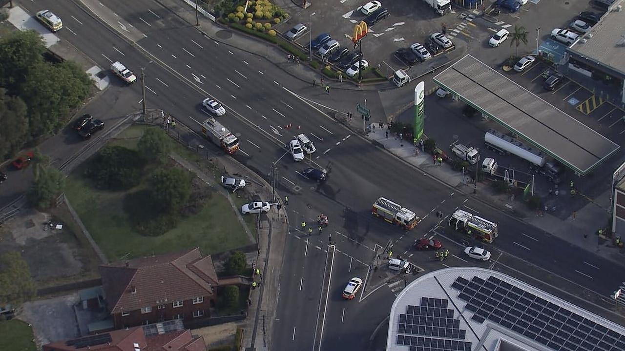 The nine vehicles collided on the intersection of Great Northern Rd and Parramatta Rd in Five Dock. Photo: 9 News