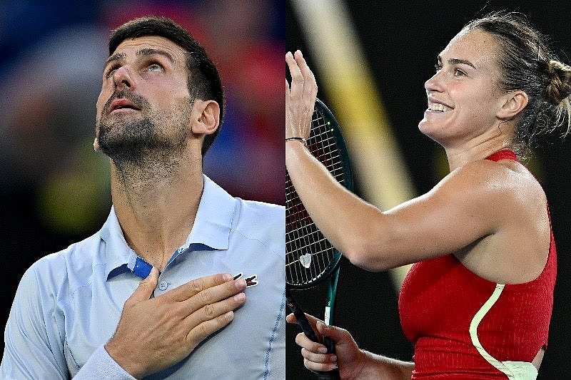 Composite image of male tennis player Novak Djokovic and female tennis player Aryna Sabalenka thanking the crowd