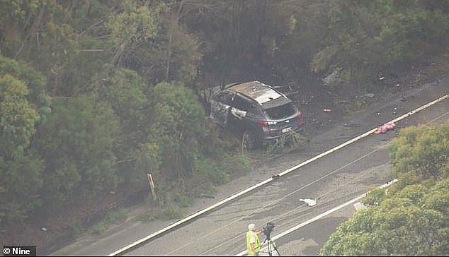 Pictured: The scene of the crash in the Blue Mountains on Monday