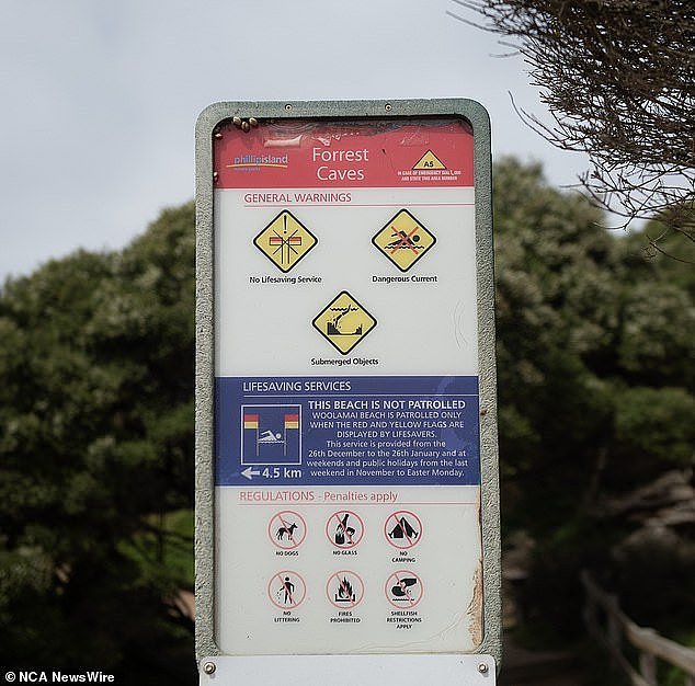 Pictured: A warning sign at Forrest Caves Beach, warning people about the rough surf