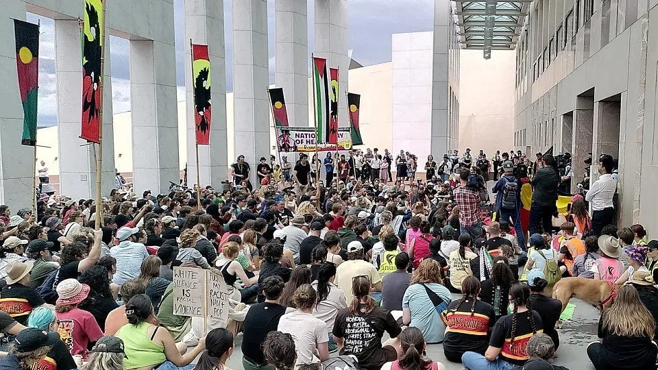 Protestors gathered outside Parliament House in Canberra. Picture: Twitter / Free Gaza Australia