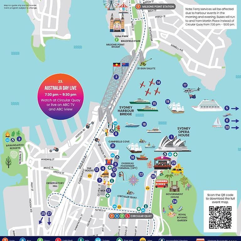 Australia Day 2024 map for events in Sydney. Numbers correspond to list below.