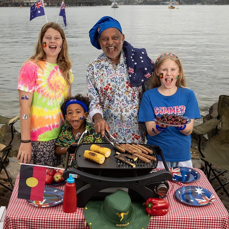 Chef Kumar Pereira prepares for the Great Aussie BBQ with Ayah Kamper de Jersey, Lior Lieberman, and Charlotte Diddams. Picture: News Corp Australia