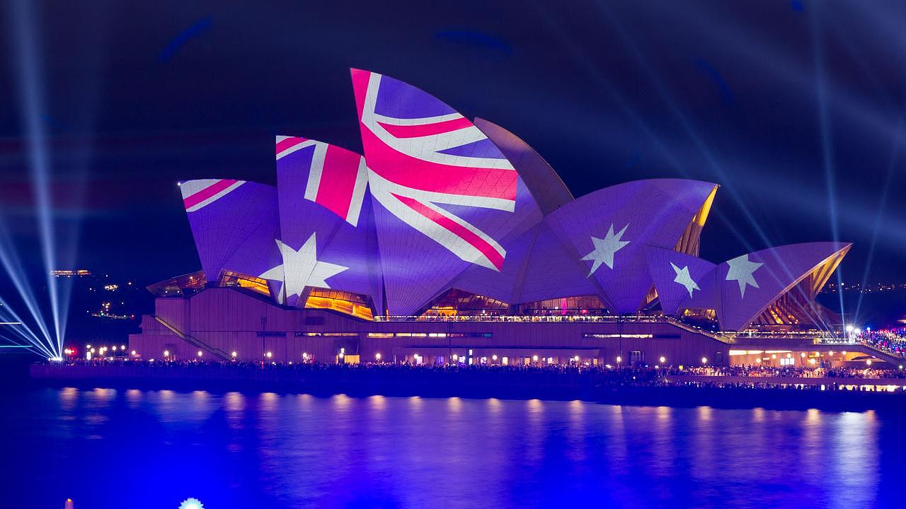 The Opera House illuminated in the colours of the Australian flag in Sydney for Australia Day. Picture: AFP