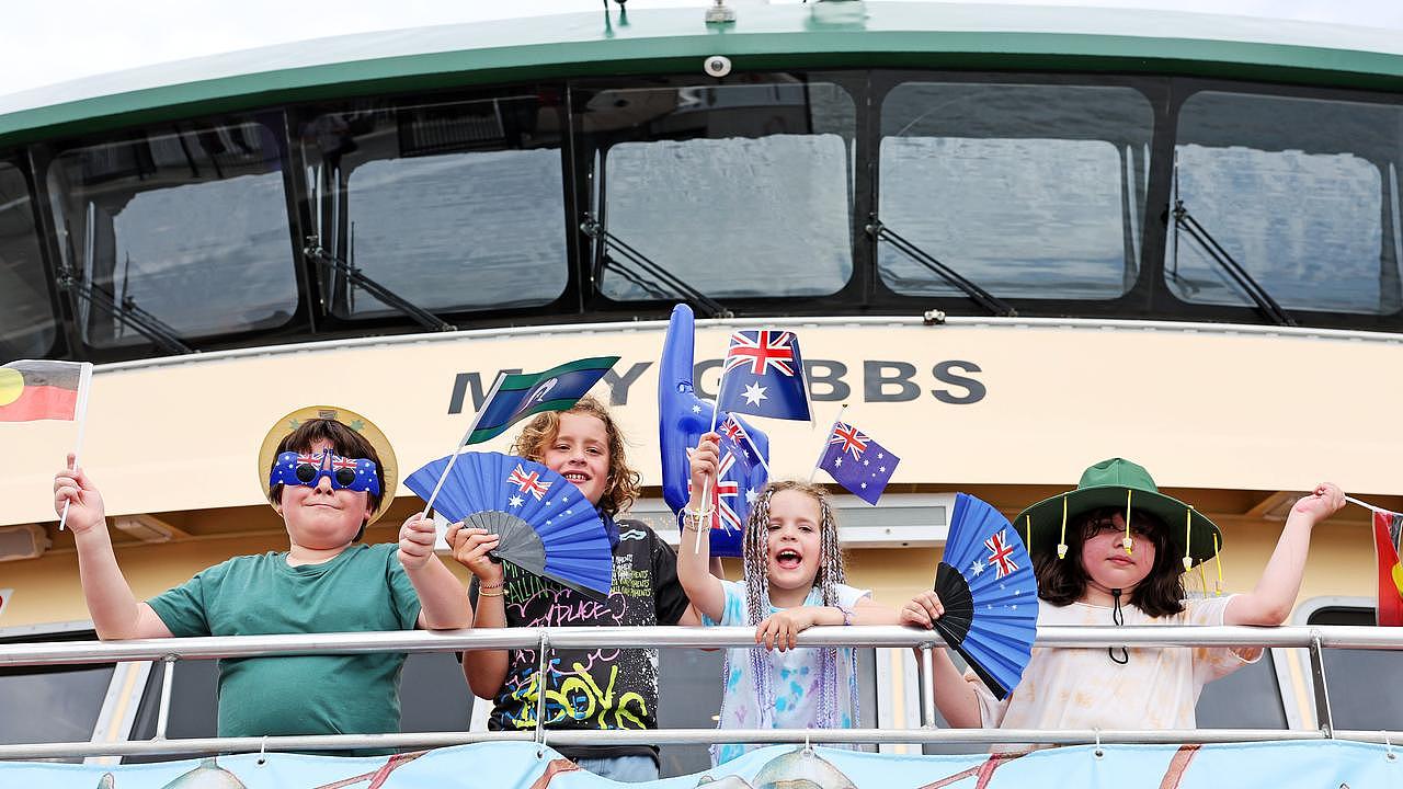 Jonah Ellis, Oscar Rego, Matilda Rego and Tea Ellis on board the May Gibbs ferry. Picture: Tim Hunter
