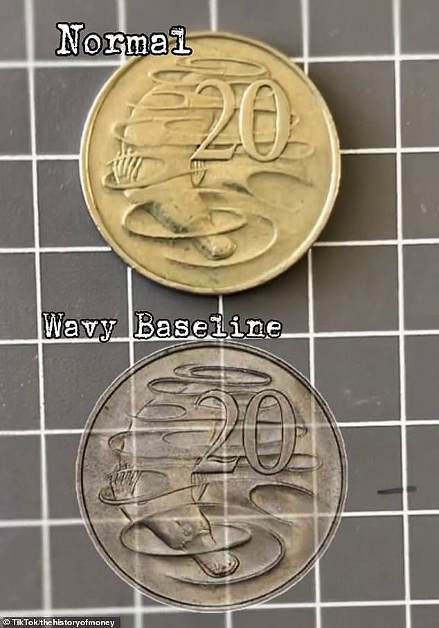 1966 年制造的澳大利亚 20 分硬币中约有一半具有“波浪基线”（如图所示，稀有硬币与普通 20 分硬币相比）