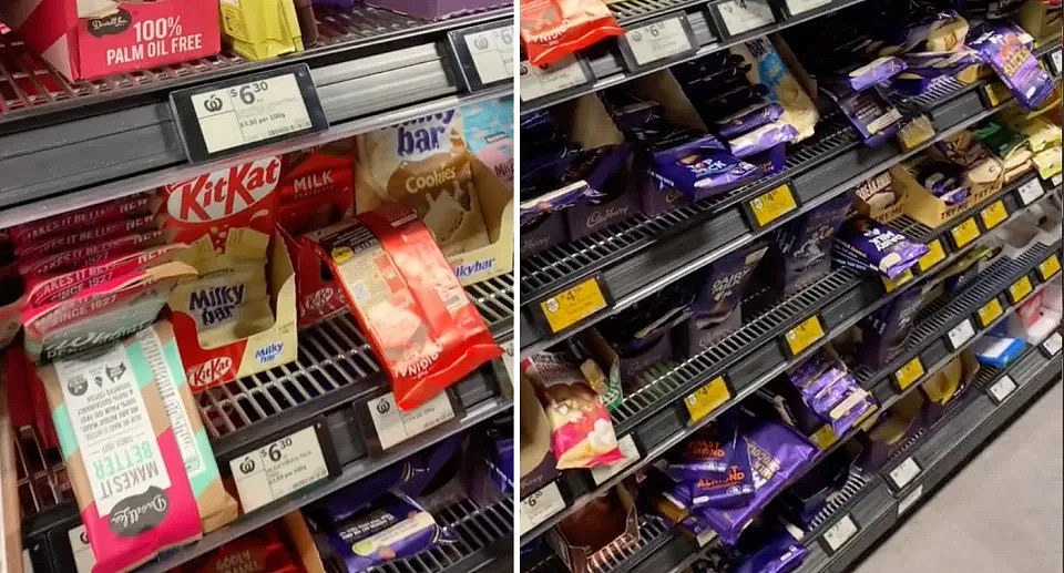 Two images show Cadbury's and KitKat chocolate bars flopping over the shelves in Woolworths in Bondi. 