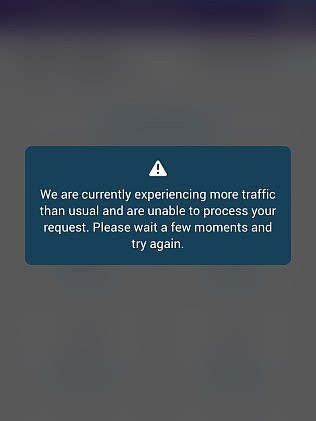 The error message appearing on the app warns: “We are currently experiencing more traffic than usual and are unable to process your request”. Picture: Oz Lotteries/Supplied