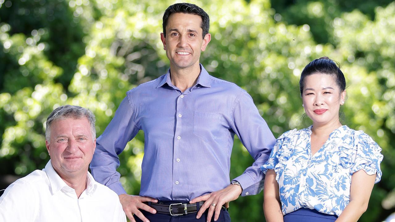 LNP Leader David Crisafulli with Ipswich West candidate Darren Zanow and Trang Yen. Picture: Steve Pohlner