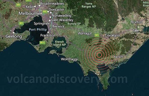 A magnitude 3.3 earthquake was recorded near Traralgon in the Latrobe Valley, regional Victoria, (pictured, epicentre) at 12.15pm on Tuesday