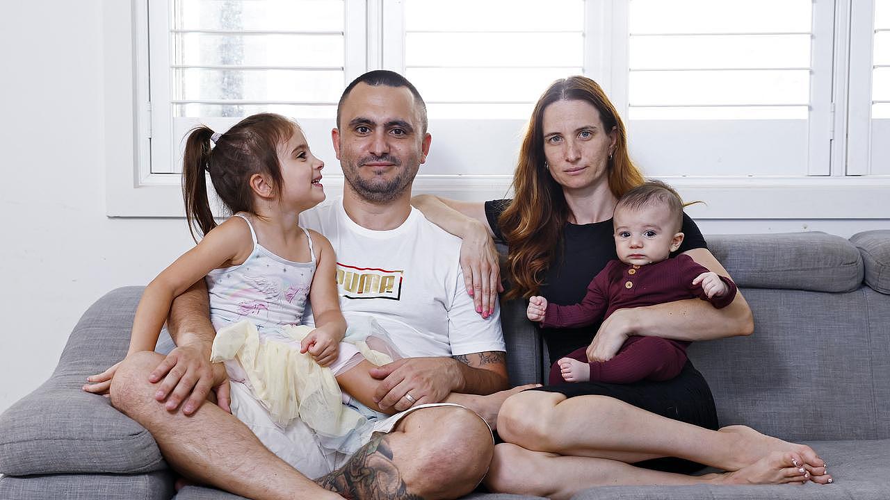 James and Renee Perram with kids Anastasia, 4, and Theodore, 4 months, at their Gledswood Hills home. Picture: Sam Ruttyn