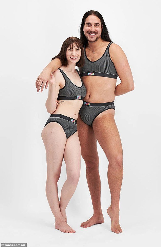 Iconic Australian underwear brand Bonds has used models with 'they/them' pronouns to advertise its $18.99 'Retro Rib™ Seamless Tonal Hi Bikini' as part of its Pride 2024 range (pictured)