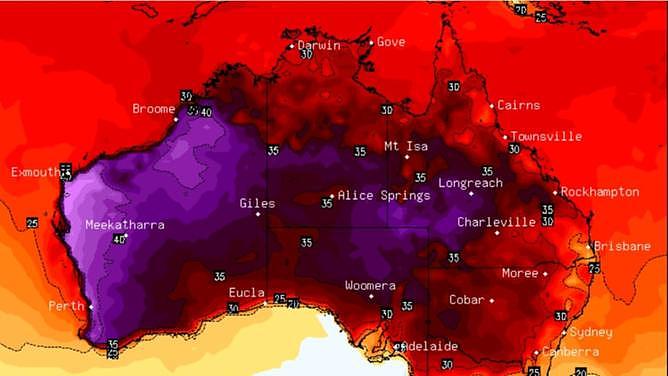 Thermal map highlights the massive heatwave hitting Australia's western seaboard