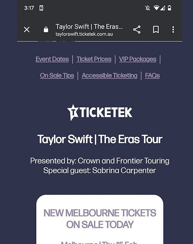 Sarah, from Victoria, couldn't believe her eyes and is hoping to score a ticket herself. 'I saw this for the Swifties! Not sure if it's been posted yet!' she wrote on Facebook and shared a screenshot of the Ticketek website