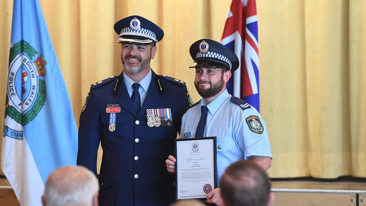 Then-Superintendent Toby Lindsay (LEFT) at a Richmond Police District awards ceremony at Ballina RSL with then-senior constable and now disgraced sex offender – Troy Cridland (RIGHT). Picture: Marc Stapelberg/The Northern Star/File