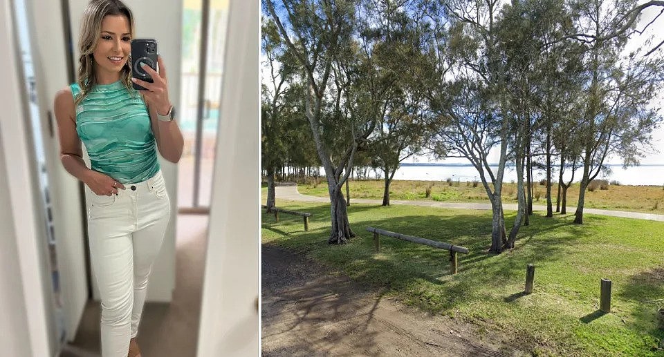 Left image of Leesh Cunningham wearing a turquoise top and white pants. Right image of the cycle and running path along Lucinda Avenue in Killarney Vale on NSW's Central Coast which is along the water and surrounded by trees.