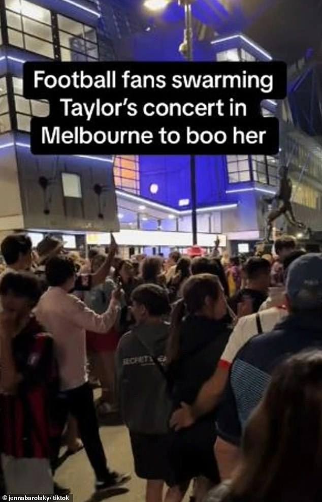A horde of football fans gathered outside the venue were filmed expressing their disdain for Swift, with one female fan capturing the commotion in a video shared to TikTok