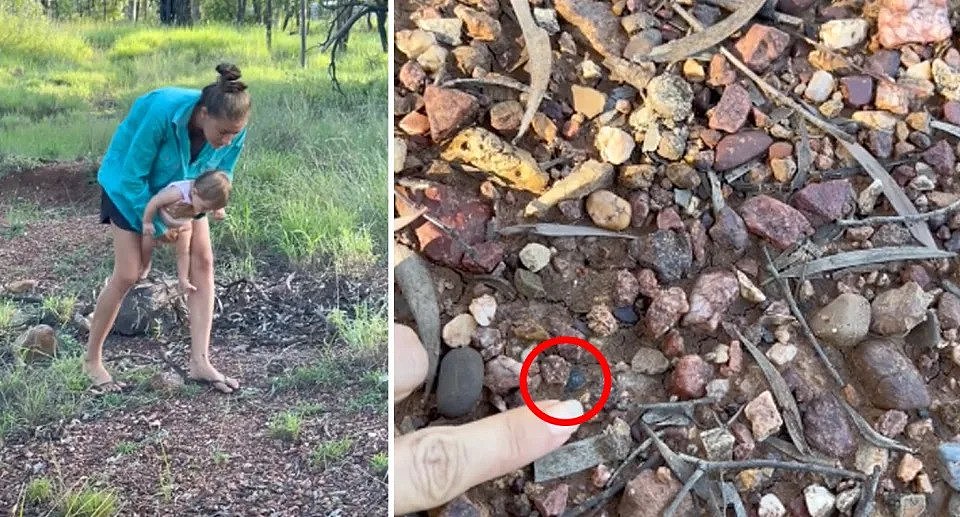 Left, Amber Betteridge and her daughter Elise, nine months, looking for sapphires in the Rubyvale outback. Right, she points to the 'amazing' $3k find on the floor.