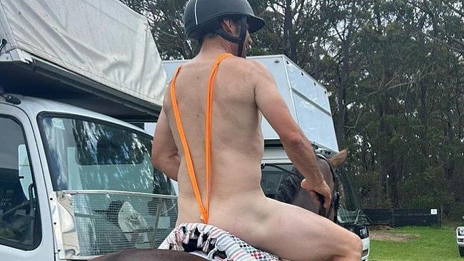 Rose wore the mankini at the Wallaby Hill Extravaganza competition in the NSW Southern Highlands on February 11. Picture: shane.rose.eventing/Instagram