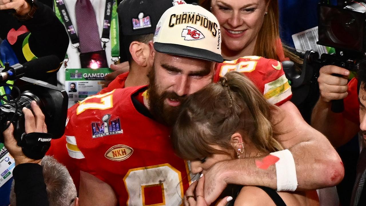 Taylor Swift and Travis Kelce embrace after the Super Bowl win. Picture: AFP