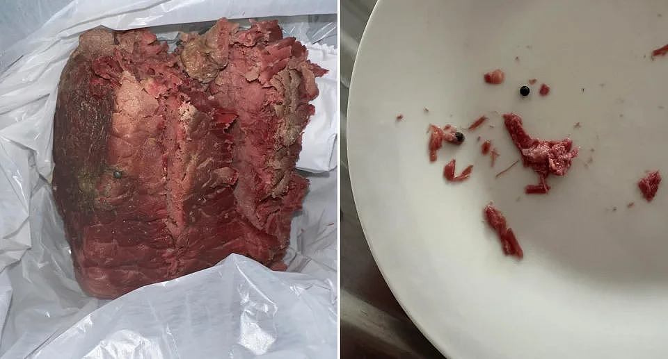 Left, the chunk of silverside beef purchased from Aldi. Right, the alleged shotgun pellets the woman claims she found in the beef purchased from a store in ACT.