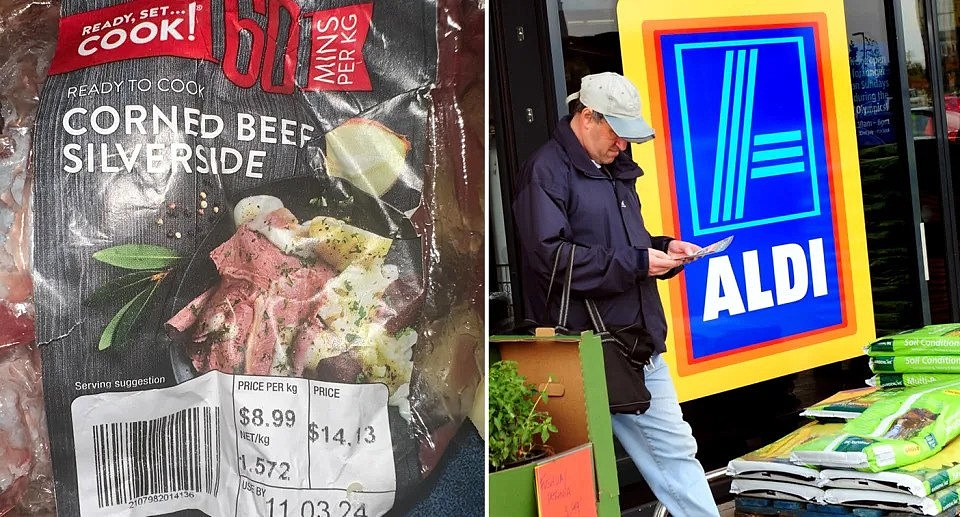 Left, the corned silverside beef from Aldi in the packaging. Right, a customer exits an Aldi store. 