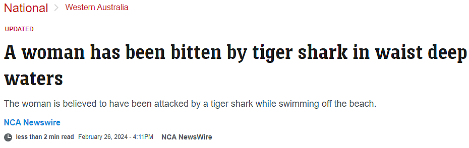 慎去！西澳热门海滩虎鲨出没，有人被咬伤，腿部受伤严重（组图） - 1