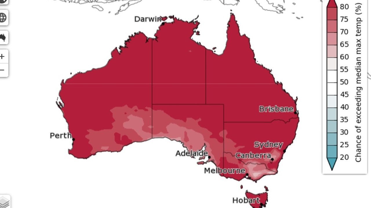 The percentage chance of exceeding median maximum temperatures. Picture: BOM