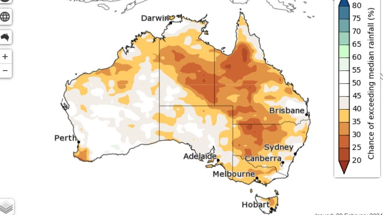 The percentage chance of exceeding median rainfall. Picture: BOM
